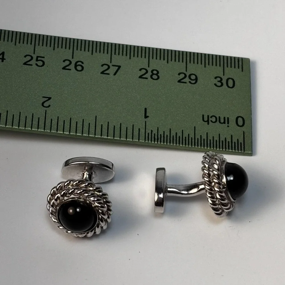 Vintage Cuff Links Silver Tone‎ Black Stone Elegant Mid Century